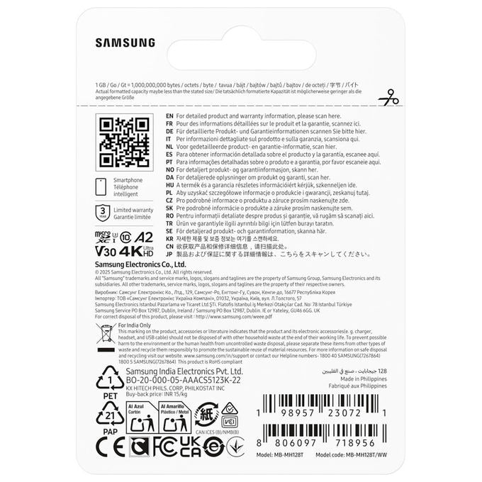 Samsung MB-MH128T T9 Scheda di Memoria microSDXC 128GB UHS-I U3 V30 A2 200MB-s lettura 130MB-s scrittura colore Nero