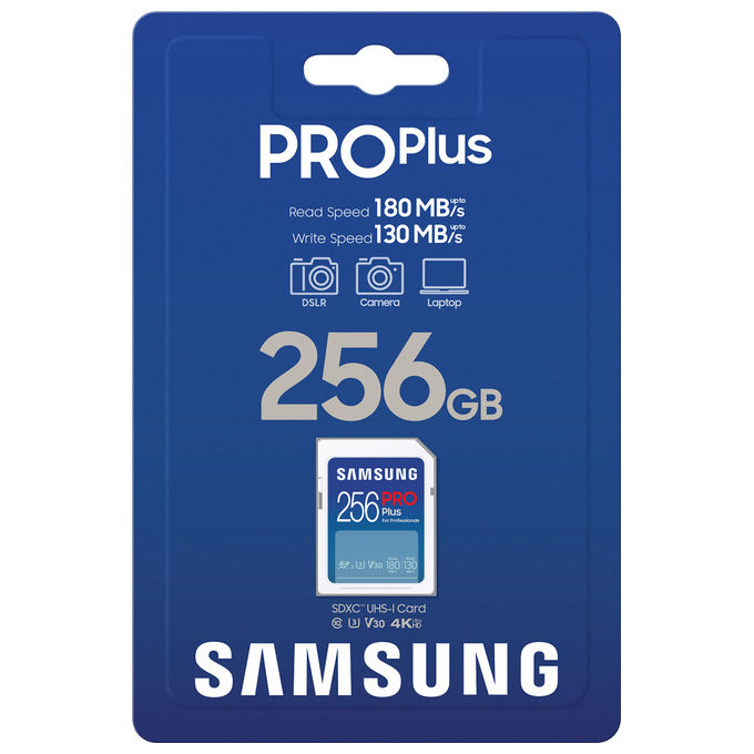 Samsung MB-SD256S-EU PRO Plus Scheda di Memoria SD SDXC 256 GB UHS-I U3 V30 Lettura 180 MB-s Scrittura 130 MB-s Video 4K colore Blu