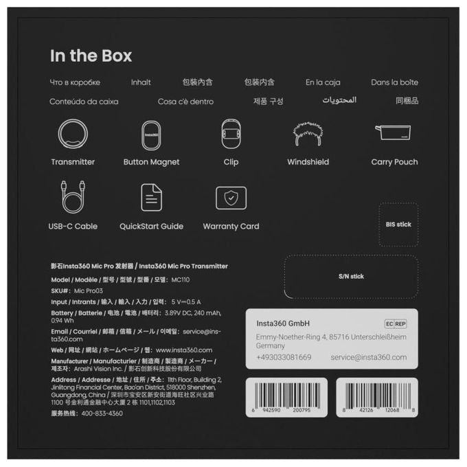 Insta360 MC110 Mic Pro Transmitter Registrazione 32bit Float E-Ink Colore Grafite Nero
