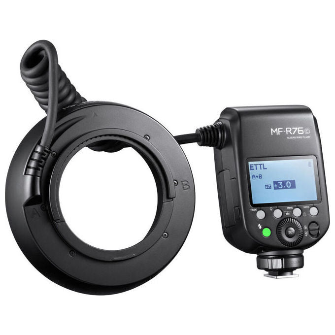 Godox MF-R76C TTL Macro Ring Flash Canon con anelli adattatori 49 52 55 58 62 67 72 77 mm colore Nero