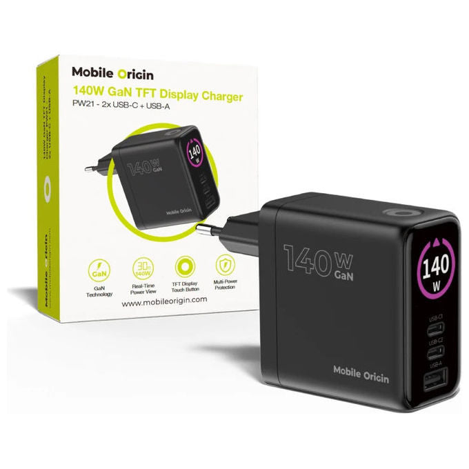 Mobile Origin MO-140WDCH-PW21 Caricabatterie Universale 2x USB-C 1x USB-A 140W GaN Power Delivery 3.1 PowerIQ 3.0 colore Nero