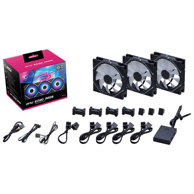 MSI MPG EZ120 ARGB, kit 3 ventole 120mm, connettore magnetico, PWM 1900 RPM, illuminazione ARGB, nero