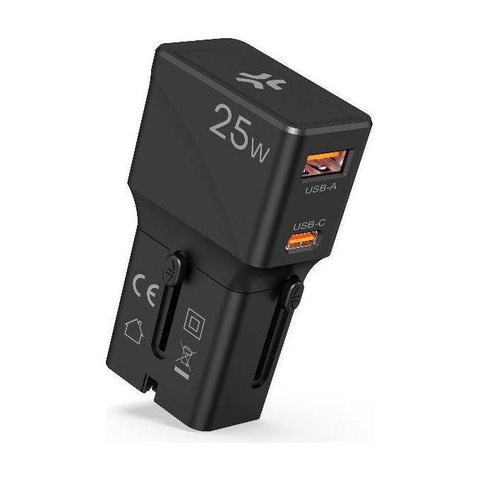 Celly, Adattatore da Viaggio Universale, 25W, Doppia Porta USB, Nero