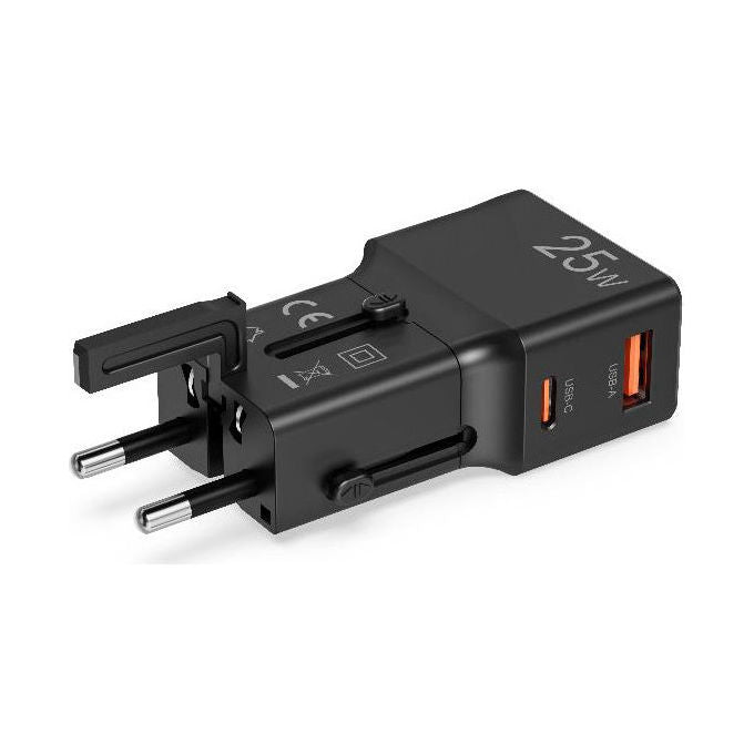 Celly, Adattatore da Viaggio Universale, 25W, Doppia Porta USB, Nero