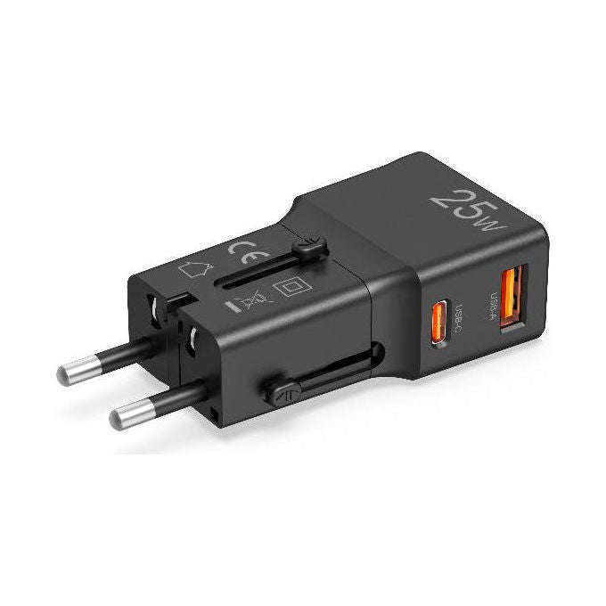 Celly, Adattatore da Viaggio Universale, 25W, Doppia Porta USB, Nero