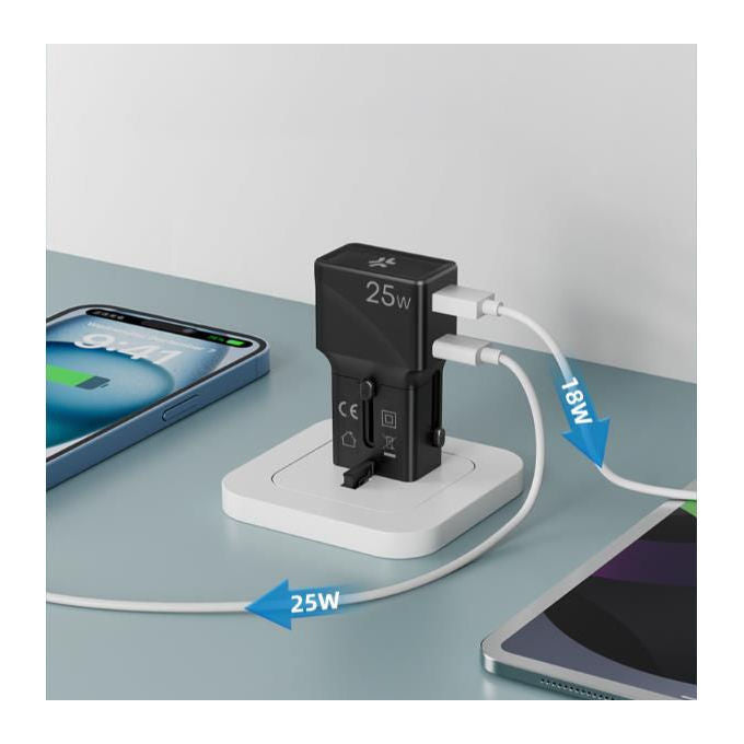 Celly, Adattatore da Viaggio Universale, 25W, Doppia Porta USB, Nero