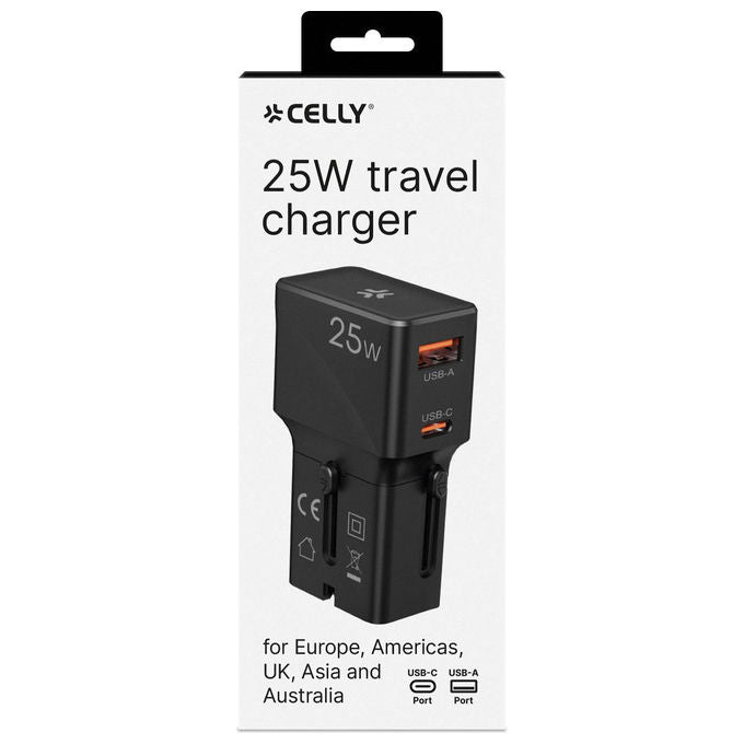 Celly, Adattatore da Viaggio Universale, 25W, Doppia Porta USB, Nero