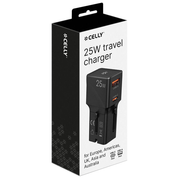 Celly, Adattatore da Viaggio Universale, 25W, Doppia Porta USB, Nero