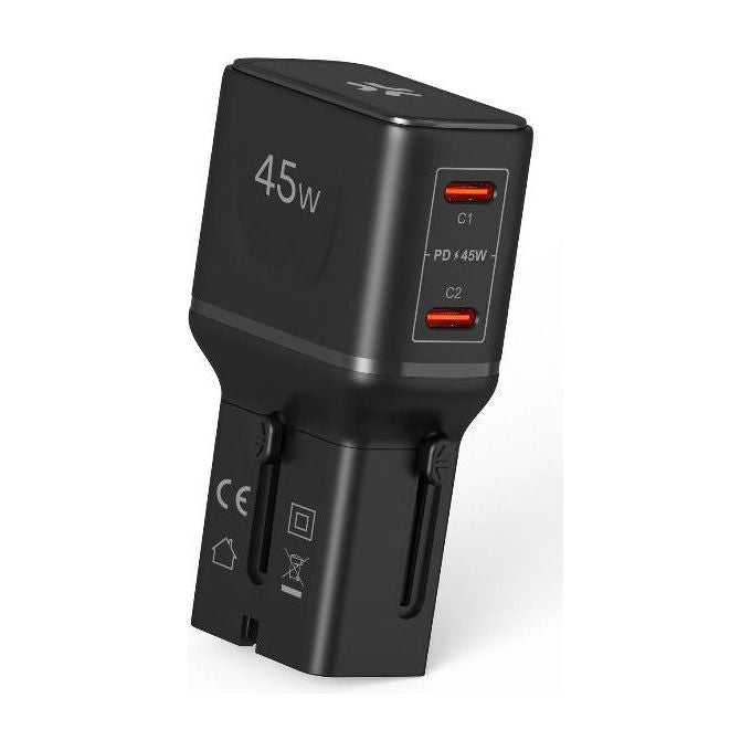 Celly, Adattatore da Viaggio Universale Multiplug 2C 45W Slim, 2 porte USB-C, Nero