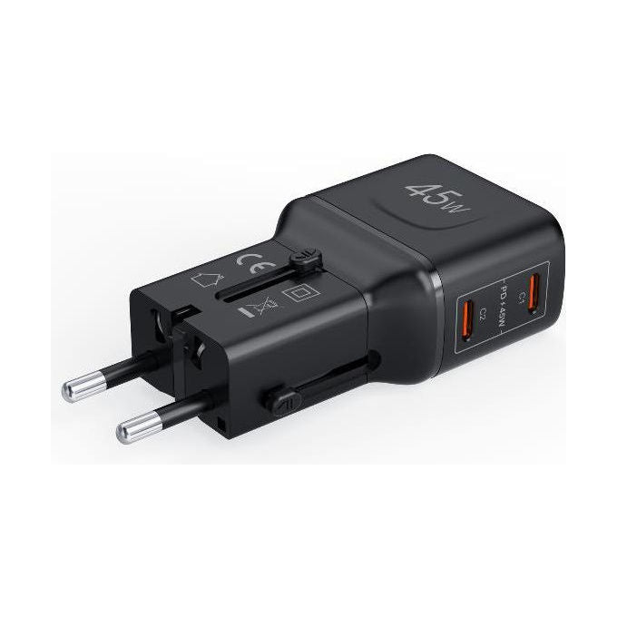 Celly, Adattatore da Viaggio Universale Multiplug 2C 45W Slim, 2 porte USB-C, Nero