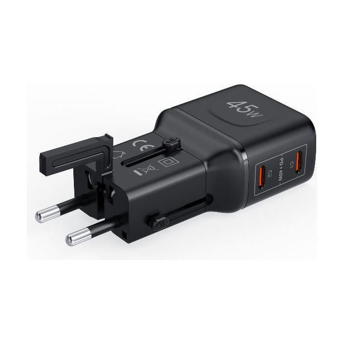 Celly, Adattatore da Viaggio Universale Multiplug 2C 45W Slim, 2 porte USB-C, Nero