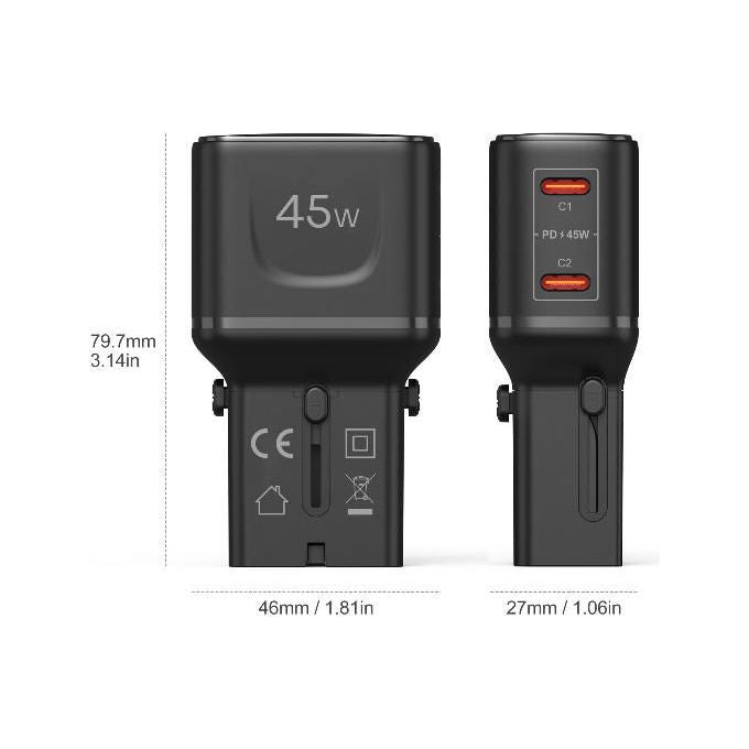 Celly, Adattatore da Viaggio Universale Multiplug 2C 45W Slim, 2 porte USB-C, Nero