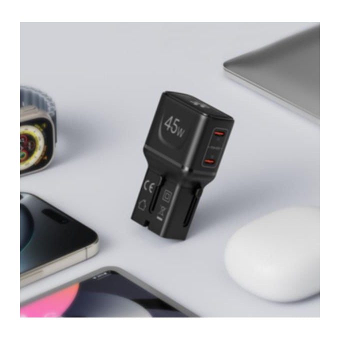 Celly, Adattatore da Viaggio Universale Multiplug 2C 45W Slim, 2 porte USB-C, Nero