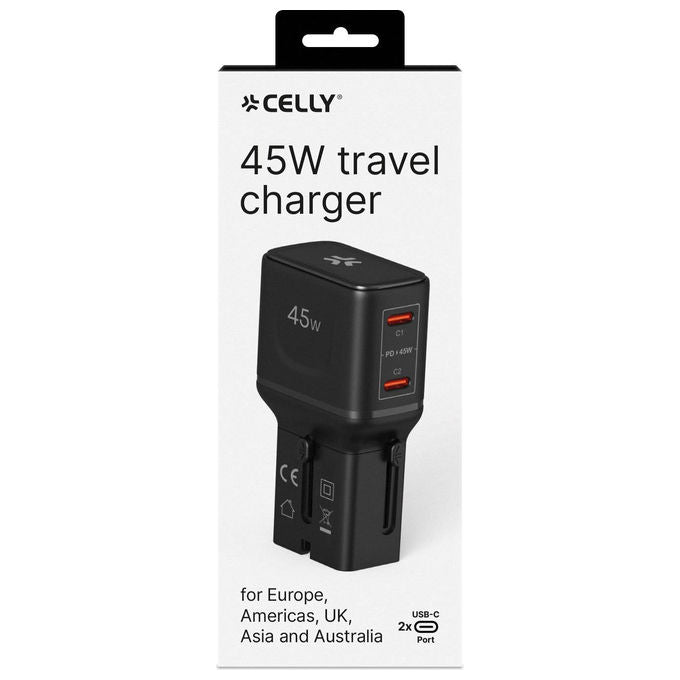 Celly, Adattatore da Viaggio Universale Multiplug 2C 45W Slim, 2 porte USB-C, Nero