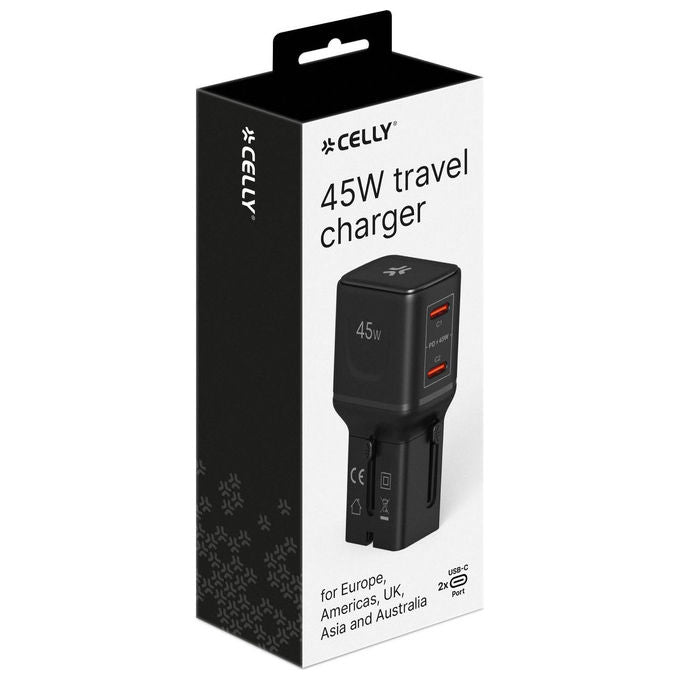 Celly, Adattatore da Viaggio Universale Multiplug 2C 45W Slim, 2 porte USB-C, Nero