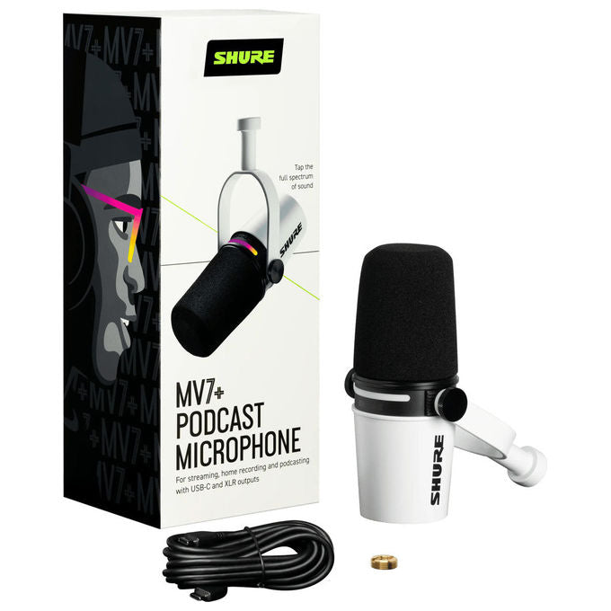 Shure MV7+ White Microfono Dinamico Cardioide con Connessione USB-C e XLR Auto Level Denoiser Digital Popper Stopper colore Bianco