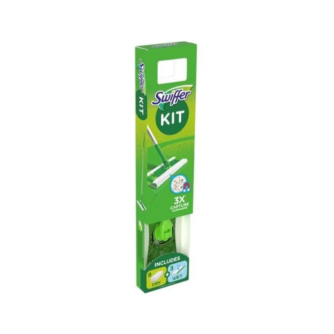 Swiffer 81661895 Starter Kit Scopa con Panni Catturapolvere 8 Panni Asciutti 3 Panni Umidi Lavapavimenti Testina 360° colore Bianco