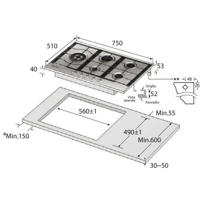 Samsung NA75M3130AS Piano cottura Gas 75 cm 5 Fuochi Tripla Corona 3800 W Griglie Smaltate colore Inox