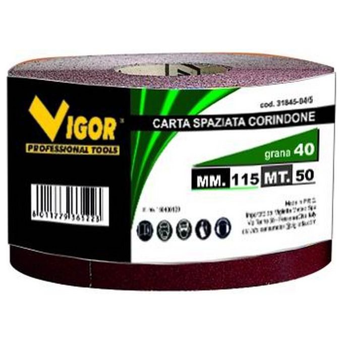 Vigor 3184510 Carta Abrasiva Spaziata in Corindone 115 mm x 50 metri Grana 100 colore Nero