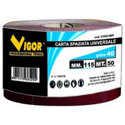 Vigor 3185512 Carta Spaziata Universale 115 mm 50 metri 120 gr corindone per carteggiatura manuale su legno metallo plastica colore Universale
