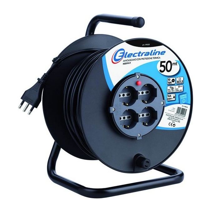Electraline 49028 Avvolgicavo Elettrico 50 m 4 Prese Polivalenti Schuko 10-16A Spina 16A Protezione Termica con Disgiuntore e Child Safety colore Nero