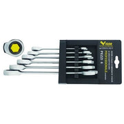 Vigor 35824-06 Serie 6 Chiavi Combinate a Cricchetto 6 Pezzi 72 Denti Testa Poligonale CRV colore Nero
