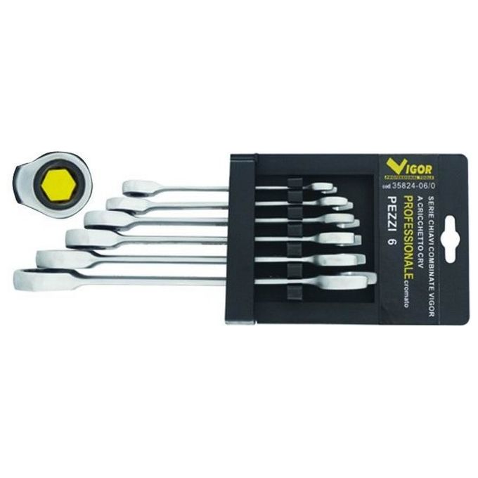 Vigor 35824-06 Serie 6 Chiavi Combinate a Cricchetto 6 Pezzi 72 Denti Testa Poligonale CRV colore Nero