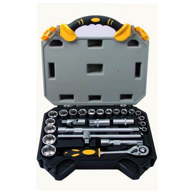 Vigor 35835-40 Cassetta Chiavi a Bussola CRV 1-2'' Esagonali 25 Pezzi con Cricchetto Prolunghe Snodo e Bussole Candele colore Nero