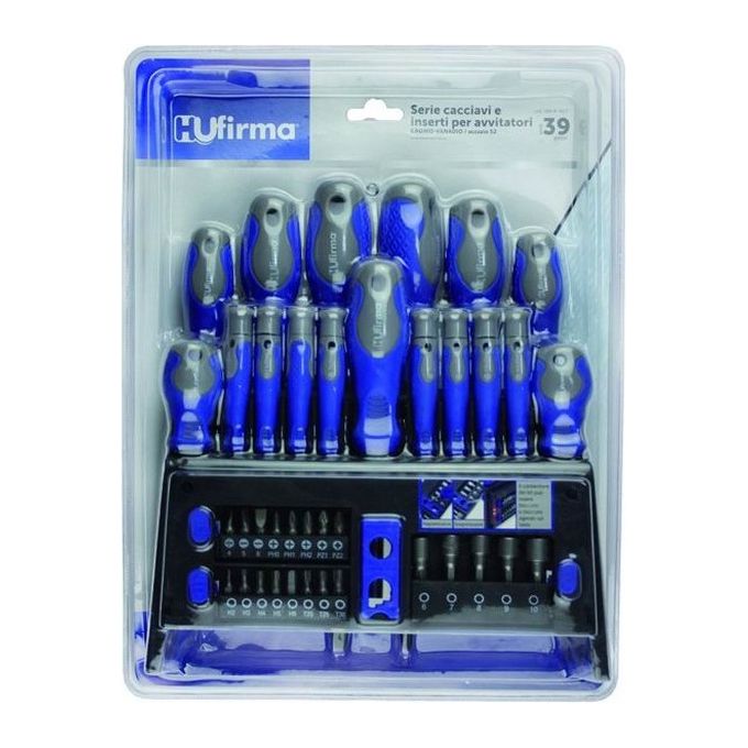 Hufirma 3895839 Set Cacciaviti e Inserti Cromo Vanadio 39 Pezzi Punte Magnetiche CRV S2 5 Bussole 16 Inserti colore Azzurro