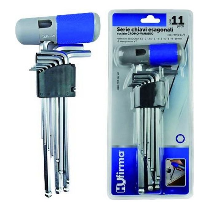 Hufirma 3896211 Serie Chiavi Esagonali Impugnatura a T 11 pezzi Acciaio Cromo Vanadio HRC48 52 1,5 2 2,5 3 4 5 6 8 9 10 mm