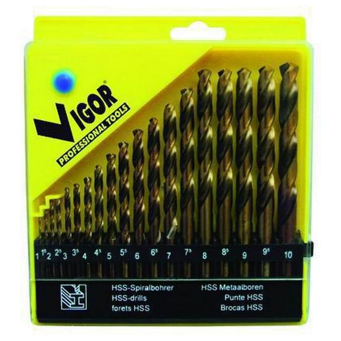 VIGOR 19875 Serie Punte HSS Cobalto 6% Punte per Foratura Metalli 19 pezzi Diametri 1-10 mm colore Nero