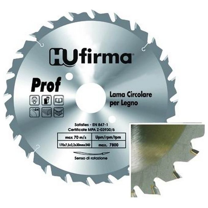 Hu-Firma Lama Circolare per Legno Professionale 24 Denti Widia Diametro 170 mm Foro 30 mm Antivibrazioni