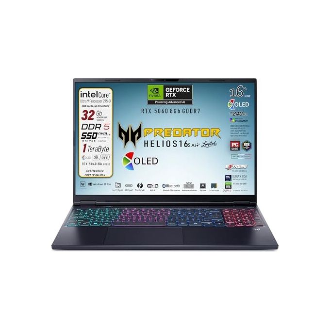 Acer NHQZEET001 Predator Helios Neo 16S AI notebook gaming 16 OLED WQXGA Intel Core Ultra 9 275HX RTX 5060 colore Nero