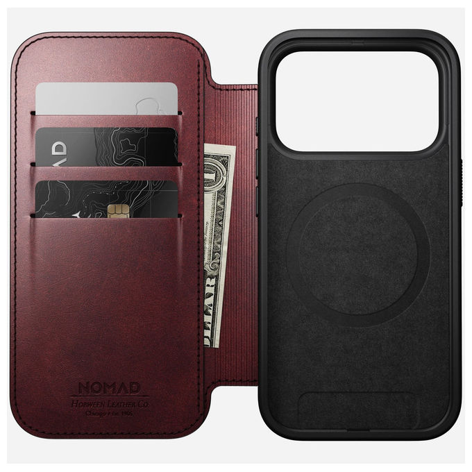 Nomad NM011833858 Modern Leather Folio Custodia a libro per iPhone 17 Pro con supporto MagSafe e porta carte colore Borgogna
