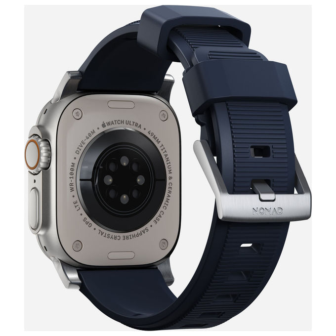 Nomad NM01296485 Rugged Cinturino per Apple Watch 42mm 44mm 45mm 49mm SE Ultra Ultra2 in Gomma FKM Fibbia Acciaio Inox colore Argento
