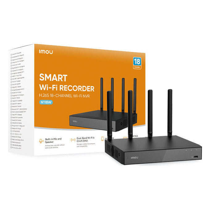 Imou NVR-N118W-8A0E Videoregistratore di Rete NVR 18 Canali Wi-Fi 6 Dual Band 4K H.265 Audio Bidirezionale HDMI VGA colore Nero