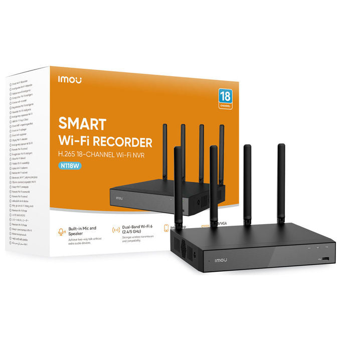 Imou NVR-N118W-8A0E Videoregistratore di Rete NVR 18 Canali Wi-Fi 6 Dual Band 4K H.265 Audio Bidirezionale HDMI VGA colore Nero