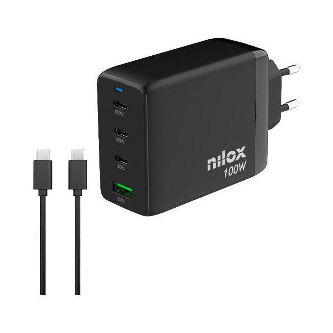 Nilox Caricatore USB-C GaN 100W 4 Porte + Cavo Nero