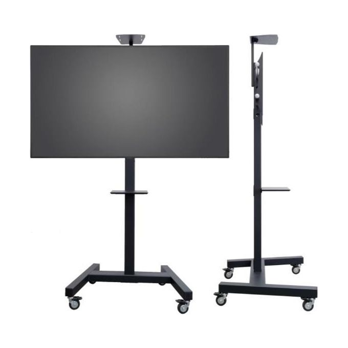OMB 07147 Fix Trolley Carrello per Monitor fino a 90'' Portata 80 Kg con Regolazione Altezza Manuale e Ruote Piroettanti con Freno colore Nero