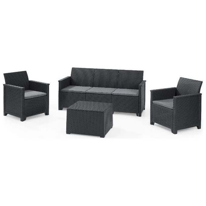 Keter K246147 Emma Lounge Set Salottino da Esterno 5 Posti Divano 3 Posti 2 Poltrone Tavolino Contenitore Resina Effetto Rattan colore Grafite