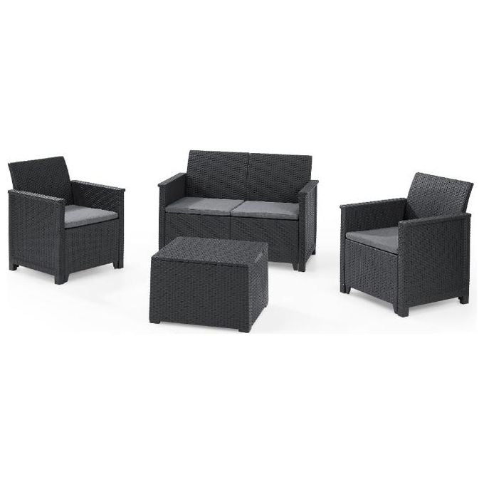 Keter K246149 Emma Set Salottino da Esterno 4 Persone Divano 2 Sedie Tavolino Contenitore colore Grafite