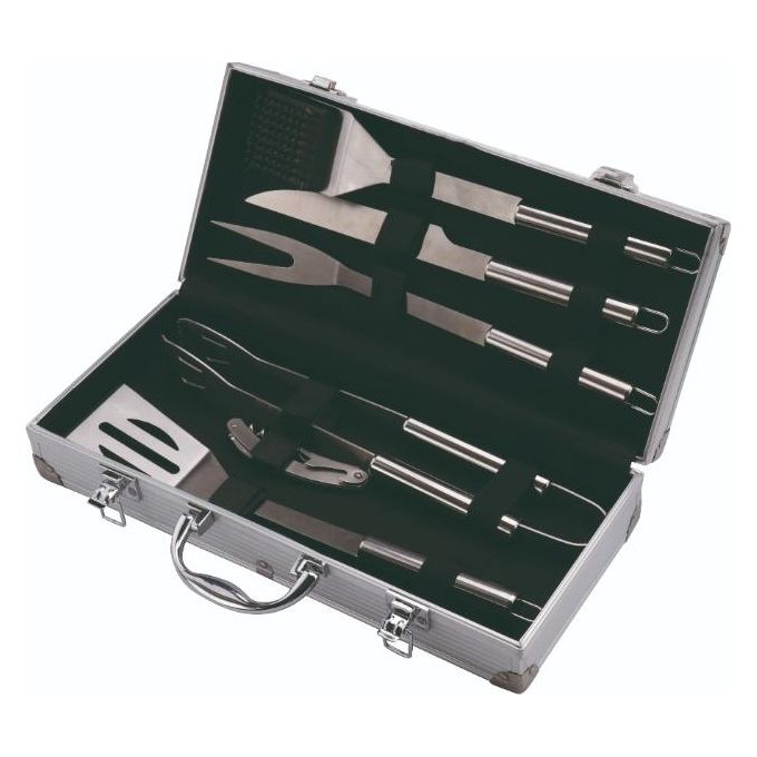 Sandrigarden 78935-15 Set Utensili per Barbecue 6 Pezzi Acciaio Inox Manici in Legno con Valigetta in Alluminio