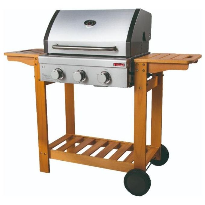 Sandrigarden AUSTRALIA Barbecue a gas 3 bruciatori in acciaio inox 10,8 kW con griglie in ghisa e ripiani in legno FSC (115x58x131 cm) colore Nero