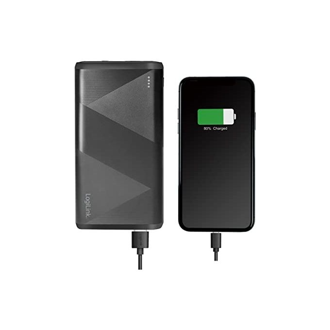 Logilink Power Bank 10000 mAh 1 Usb-A QC (QuickCharge 3.0) e 1 Usb-C PD (Power Delivery 2.0) con cavo 2 in 1 Nero