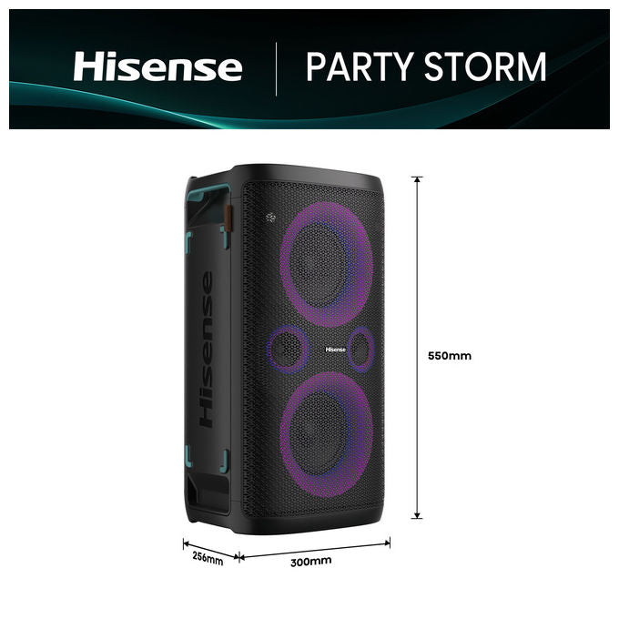 Hisense Party Storm altoparlante Bluetooth 300W, cassa festa portatile, karaoke, impermeabile IPX4, ricarica wireless, 15 ore autonomia, nero