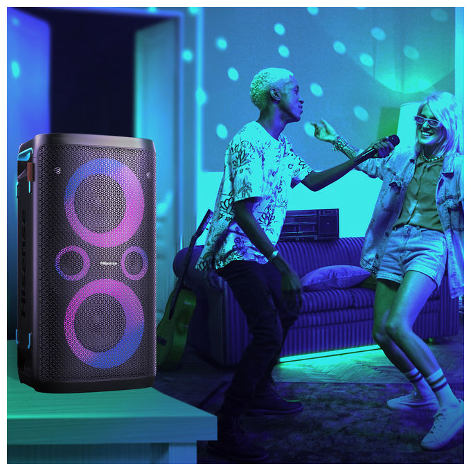 Hisense Party Storm altoparlante Bluetooth 300W, cassa festa portatile, karaoke, impermeabile IPX4, ricarica wireless, 15 ore autonomia, nero