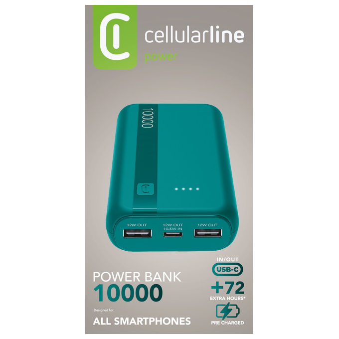 Cellularline PBENTRYCOL10000B Essential Power Bank 10000 mAh USB-C In-Out 2 USB-A 10,5 W ricarica simultanea colore Blu