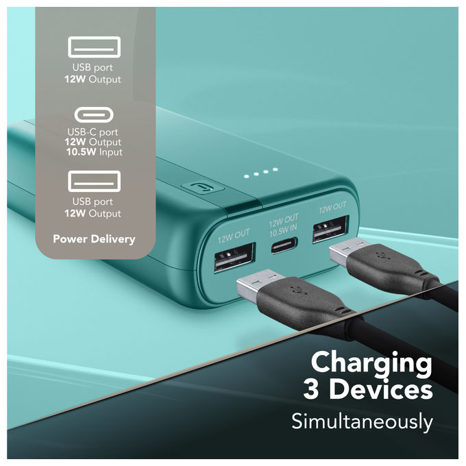 Cellularline PBENTRYCOL10000B Essential Power Bank 10000 mAh USB-C In-Out 2 USB-A 10,5 W ricarica simultanea colore Blu