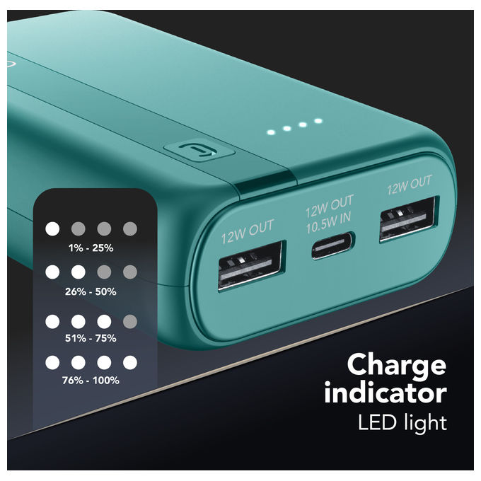 Cellularline PBENTRYCOL10000B Essential Power Bank 10000 mAh USB-C In-Out 2 USB-A 10,5 W ricarica simultanea colore Blu