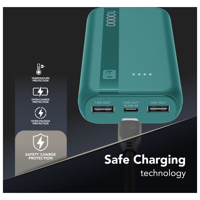 Cellularline PBENTRYCOL10000B Essential Power Bank 10000 mAh USB-C In-Out 2 USB-A 10,5 W ricarica simultanea colore Blu